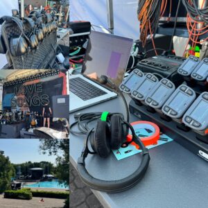 Vier Bilder mit Technik Rechts Intercom Riedel, links oben 8 Panzerkopfhörer, Mitte Links Bühne Peter Fox, unten Freibad Columbiabad Berlin